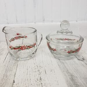Anchor Hocking Poinsettia & Ribbons Sugar Bowl w/ Lid & Creamer